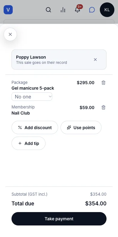 Sell prepaid packages and spend them at the till — A 5-pack and a membership in one sale for Poppy Lawson — Phone