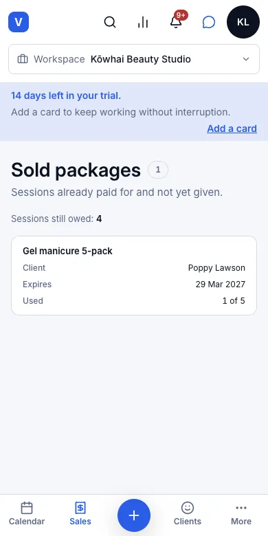 Sell prepaid packages and spend them at the till — Result — 1 of 5 used, 4 sessions still owed — Phone