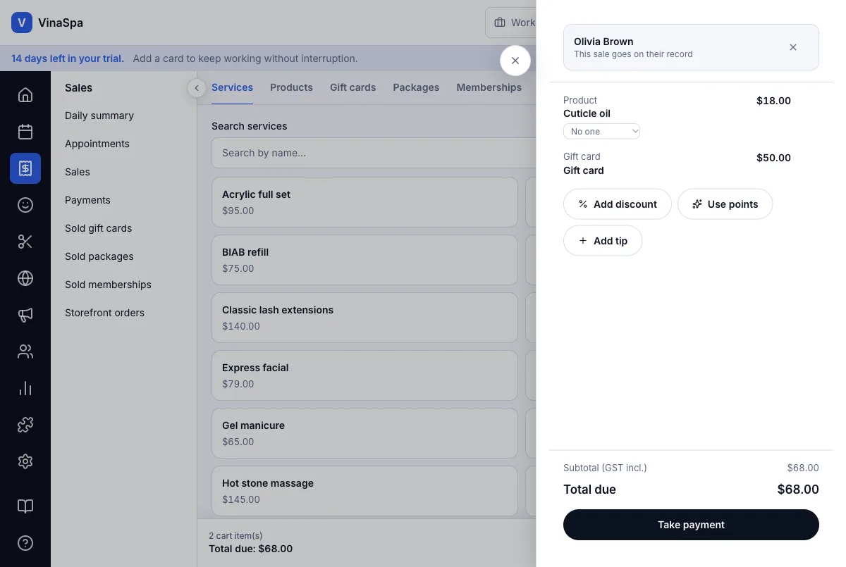 Quick sale, with no invoice attached — A quick sale for Olivia Brown — cuticle oil and a $50 gift card — Computer