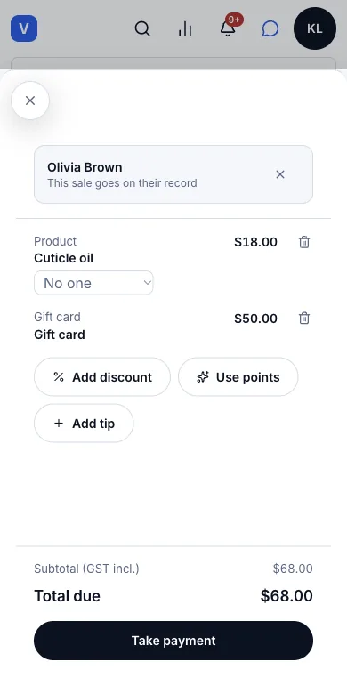 Quick sale, with no invoice attached — A quick sale for Olivia Brown — cuticle oil and a $50 gift card — Phone