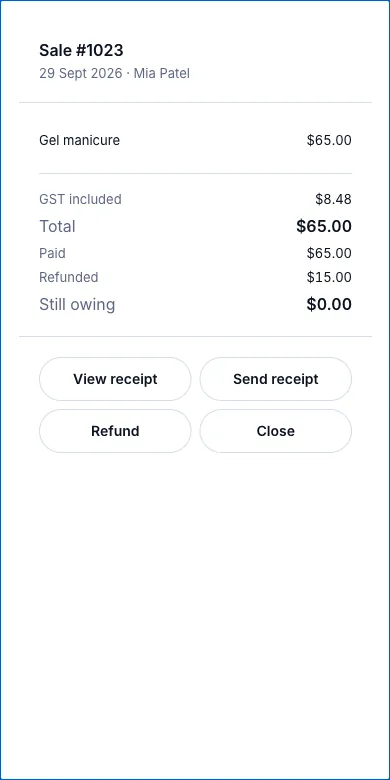 Refunds, reversing all three ledger legs — Result — Refunded $15.00 — Phone