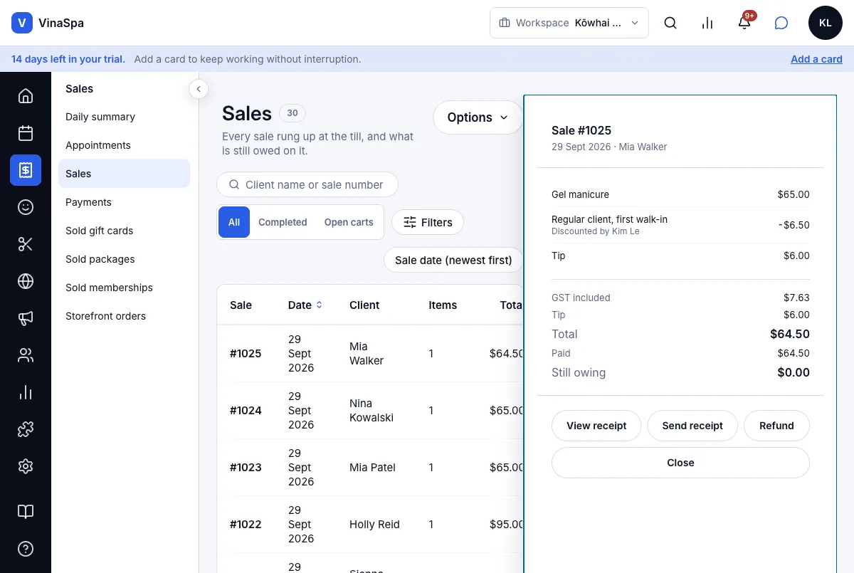Counter sales, split across several payment methods — Result — sale #1025, paid $64.50, still owing $0.00 — Computer