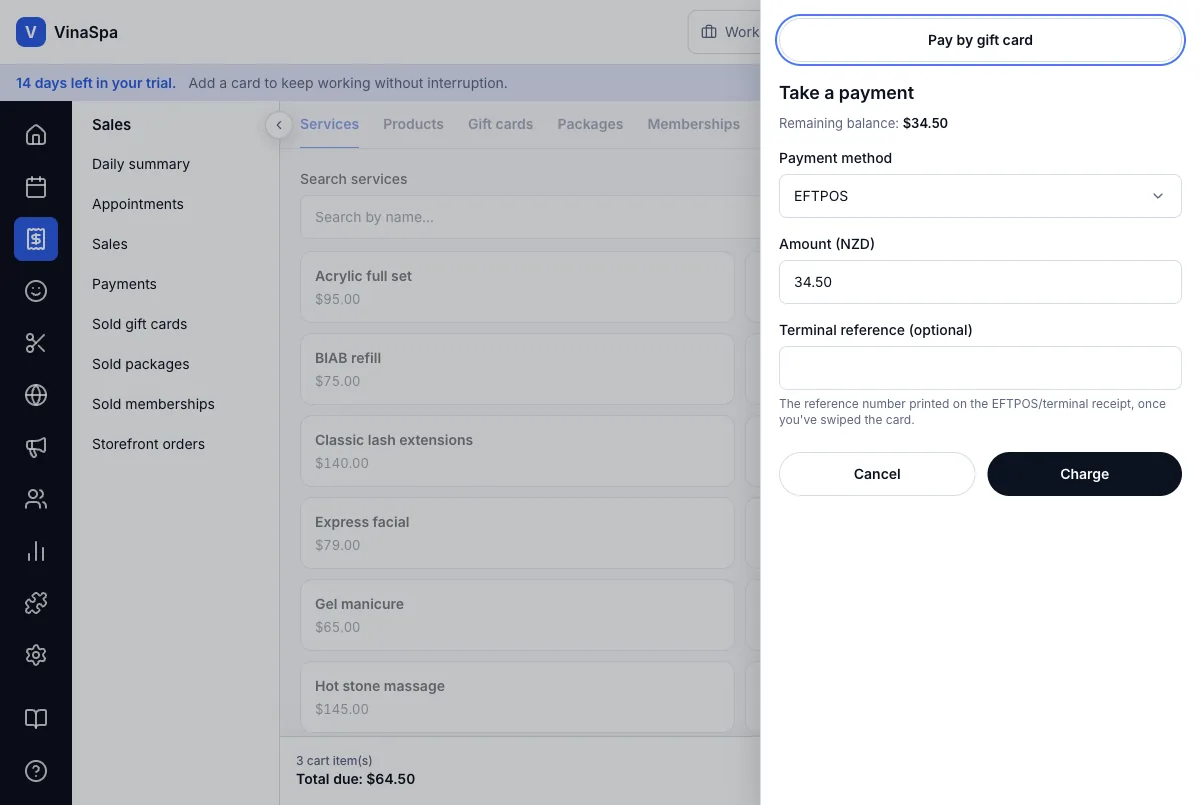 Counter sales, split across several payment methods — Second part — EFTPOS $34.50, the remaining balance — Computer