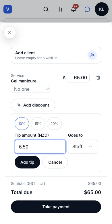Tips, kept out of revenue — 10% tip to the staff member — Phone