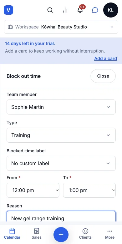 Blocked time (breaks, training, maintenance) — Training for Sophie, 12:00–1:00 pm — Phone
