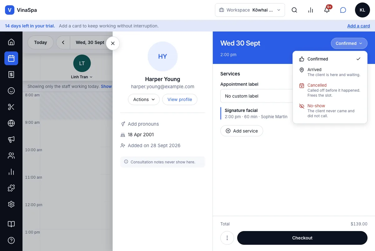 Book, reschedule and cancel appointments — Step 1–2 — the status menu — Computer
