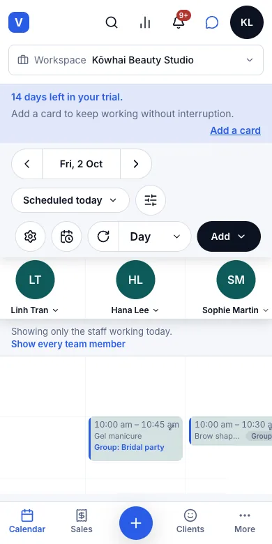 Group bookings (several clients, one time slot) — Result — both at 10:00 am, tagged Group: Bridal party — Phone