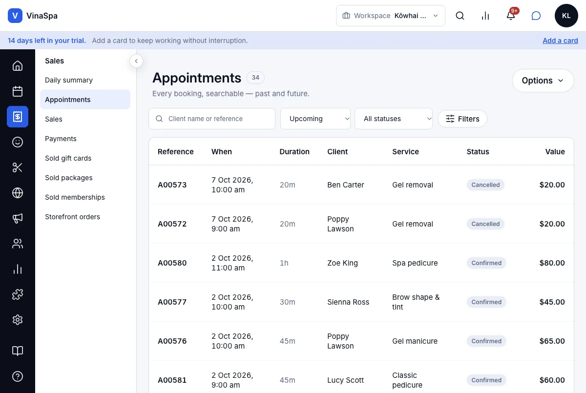 Searchable appointment list with reference codes — Upcoming bookings — Computer