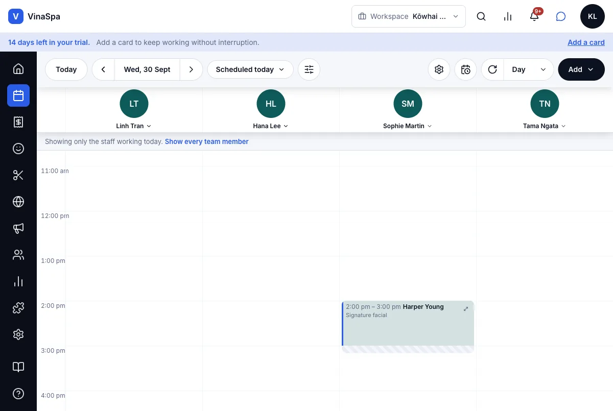 Book, reschedule and cancel appointments — Result — the booking now at 2:00 pm (moved twice) — Computer