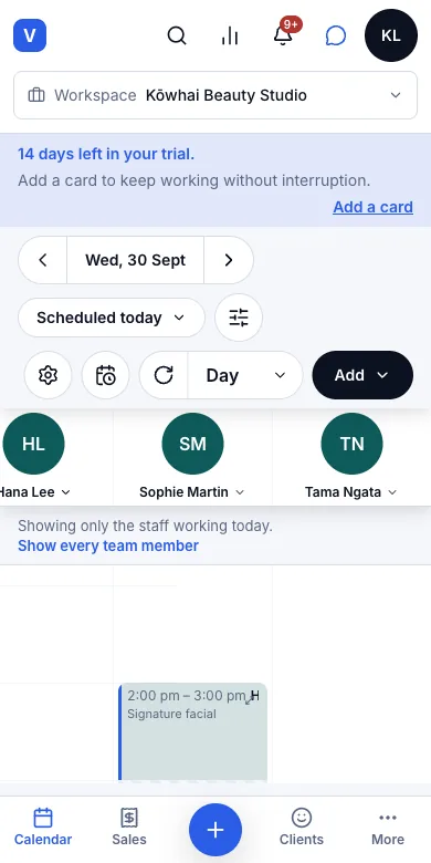 Book, reschedule and cancel appointments — Result — the booking now at 2:00 pm (moved twice) — Phone