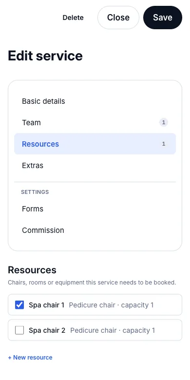 Chairs, rooms and equipment cannot be double-booked — Step 3 — the service's Resources — Phone