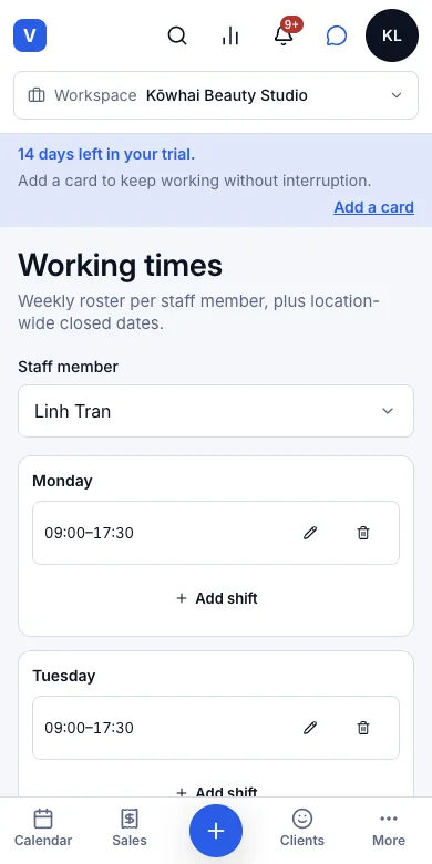 Weekly rosters and salon closing days — Linh's week — Phone