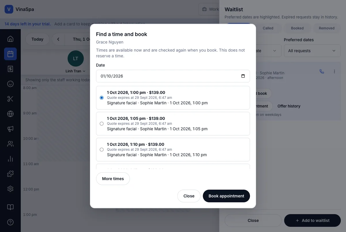 Waitlist, with called and booked status — Free times that match, 1 Oct — Computer
