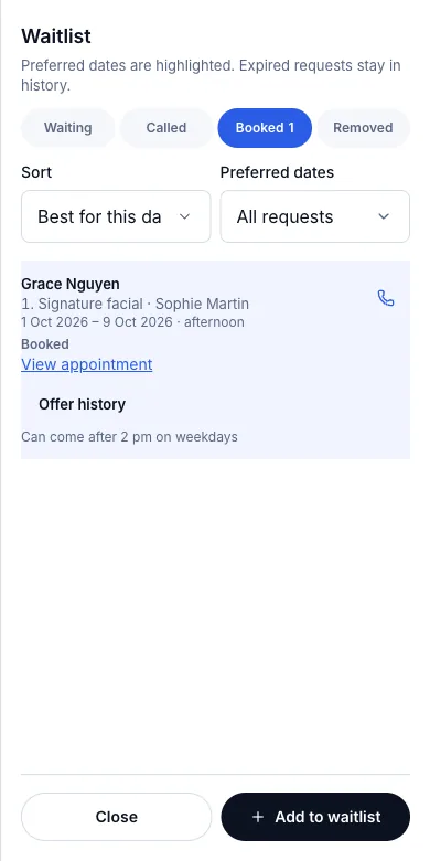 Waitlist, with called and booked status — Result — under Booked, and on the calendar at 1:00 pm — Phone