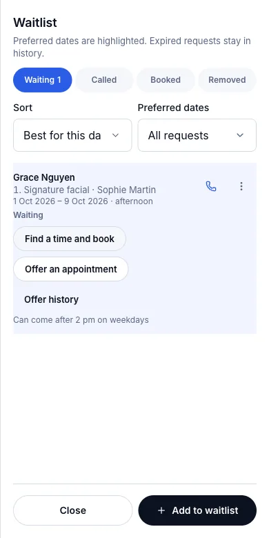 Waitlist, with called and booked status — Result — Grace under Waiting — Phone
