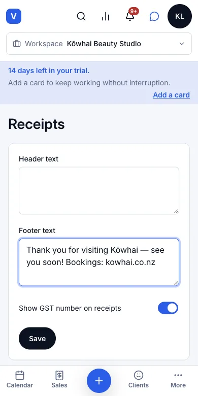 GST: on or off, the number, and printing it on a receipt — Receipts — GST number on, with a footer — Phone