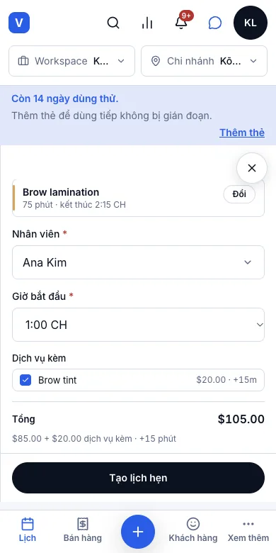 Dịch vụ kèm (extras) khách chọn thêm — Kết quả — tích khi đặt lịch: $85.00 + $20.00, +15 phút — Điện thoại