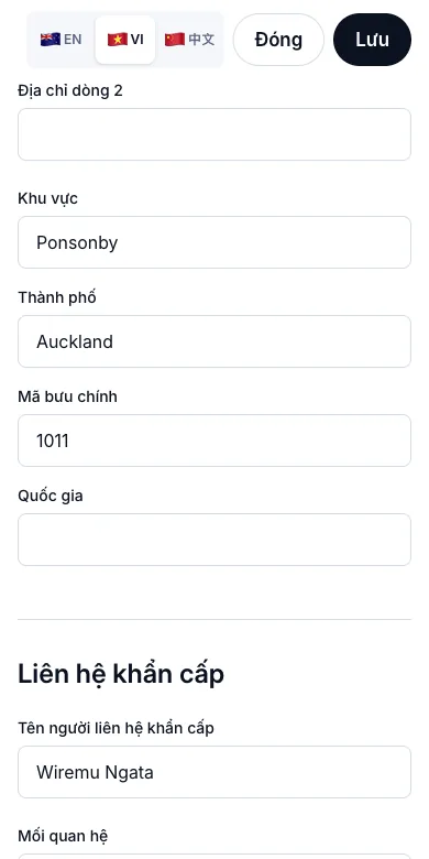Hồ sơ khách đầy đủ: ngày sinh, nguồn giới thiệu, địa chỉ, người liên hệ khẩn cấp — Địa chỉ và người liên hệ khẩn cấp — Điện thoại