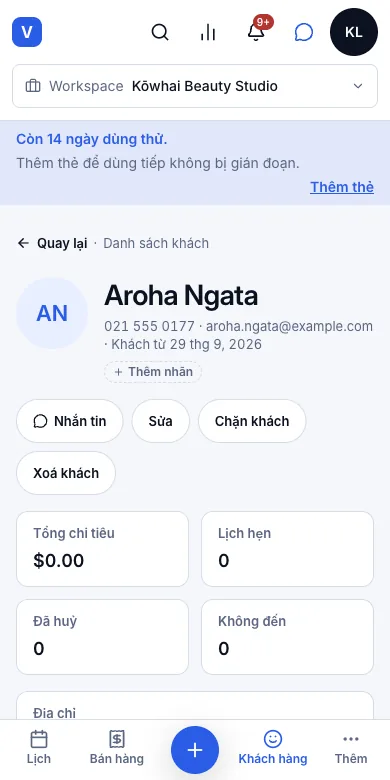 Hồ sơ khách đầy đủ: ngày sinh, nguồn giới thiệu, địa chỉ, người liên hệ khẩn cấp — Kết quả — hồ sơ Aroha Ngata — Điện thoại
