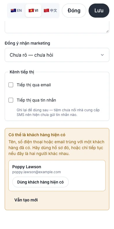 Phát hiện khách trùng khi thêm khách — Có thể là khách hàng hiện có — Điện thoại