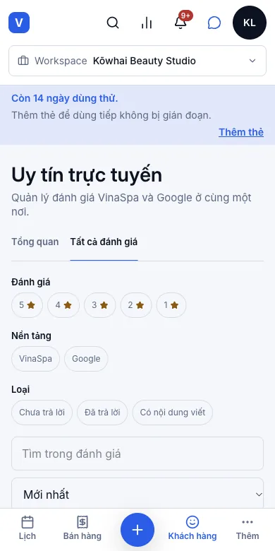 Đánh giá của khách, có trả lời của tiệm — Kết quả — Bạn đã trả lời — Điện thoại