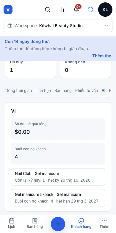 Ví của khách: số dư thẻ quà tặng và số buổi còn lại — Ví của Poppy Lawson — Điện thoại