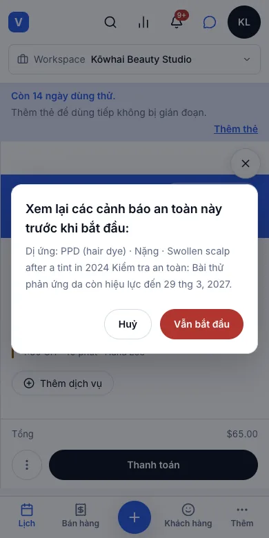Cảnh báo thợ trước khi bắt đầu làm — Cảnh báo trước khi làm móng gel cho Aroha — Điện thoại