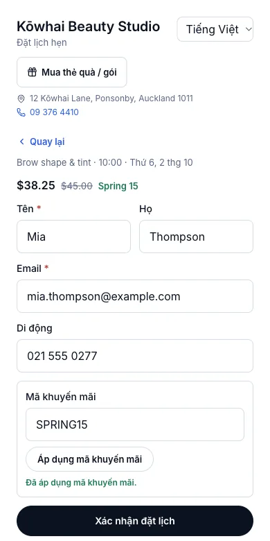 Mã khuyến mãi khách tự nhập — Đã áp dụng SPRING15 — $45.00 còn $38.25 — Điện thoại
