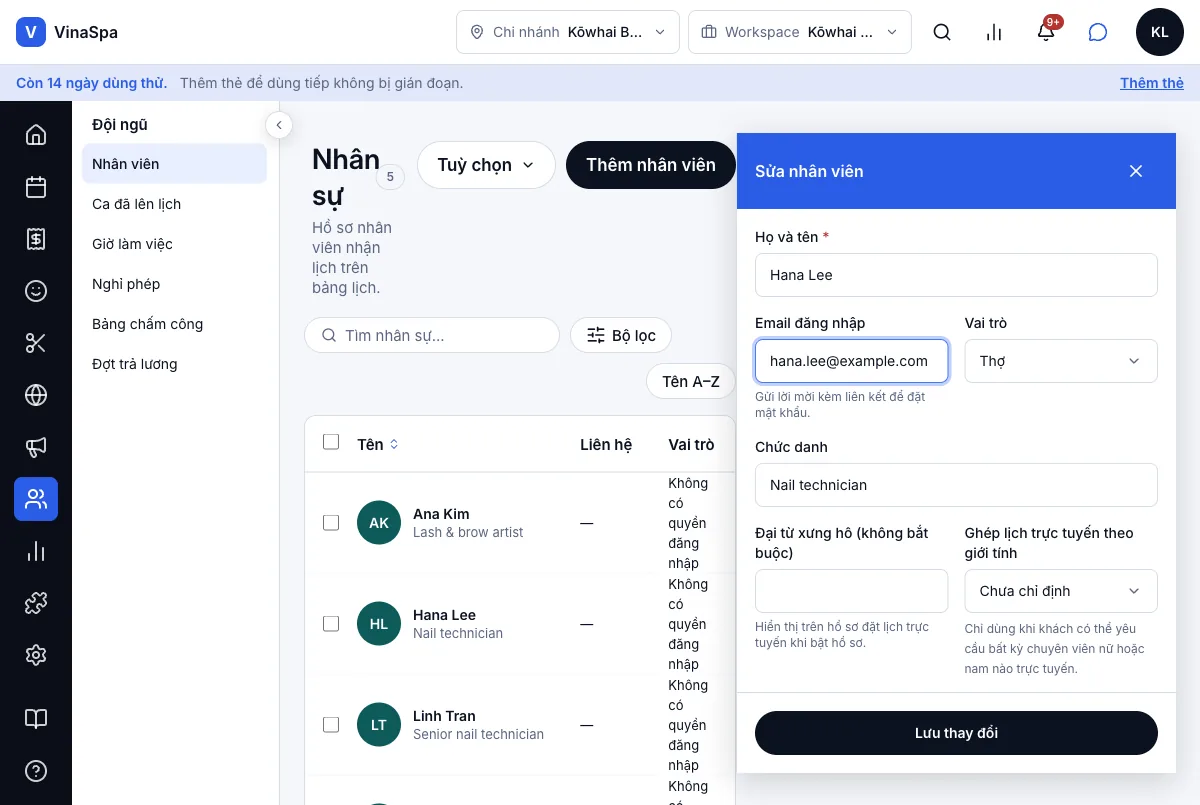 Tạo tài khoản, mời nhân viên qua email — Sửa nhân viên — email đăng nhập và vai trò — Máy tính