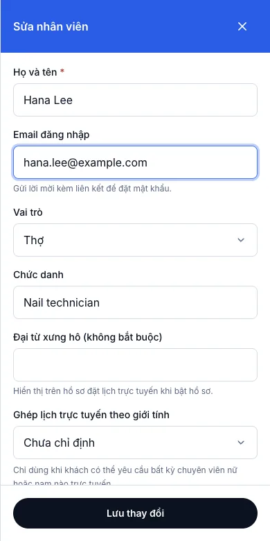 Tạo tài khoản, mời nhân viên qua email — Sửa nhân viên — email đăng nhập và vai trò — Điện thoại