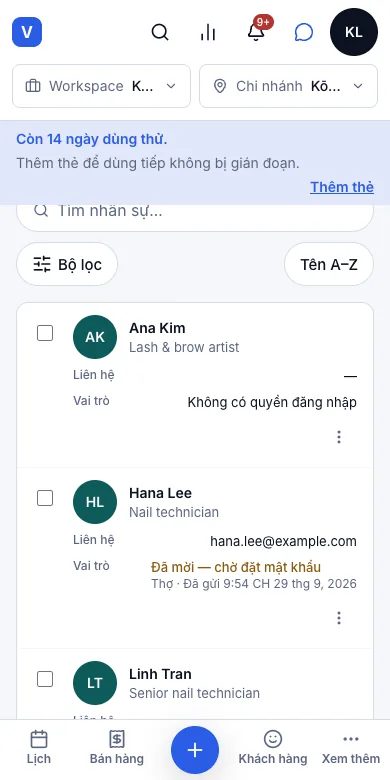 Tạo tài khoản, mời nhân viên qua email — Kết quả — đã mời, chờ đặt mật khẩu — Điện thoại