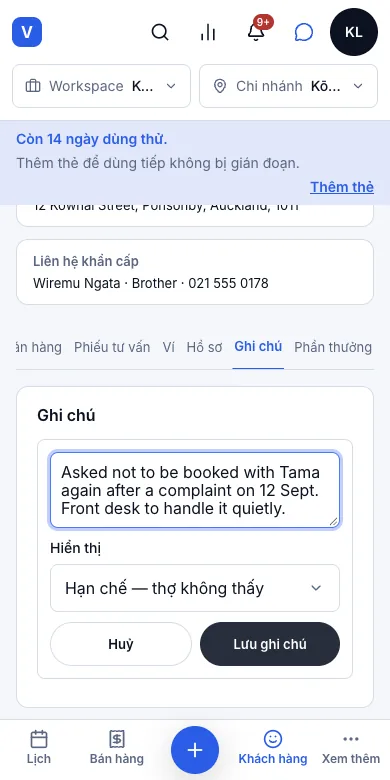 Ghi chú hạn chế: thợ không đọc được — Thêm ghi chú hạn chế cho Aroha Ngata — Điện thoại