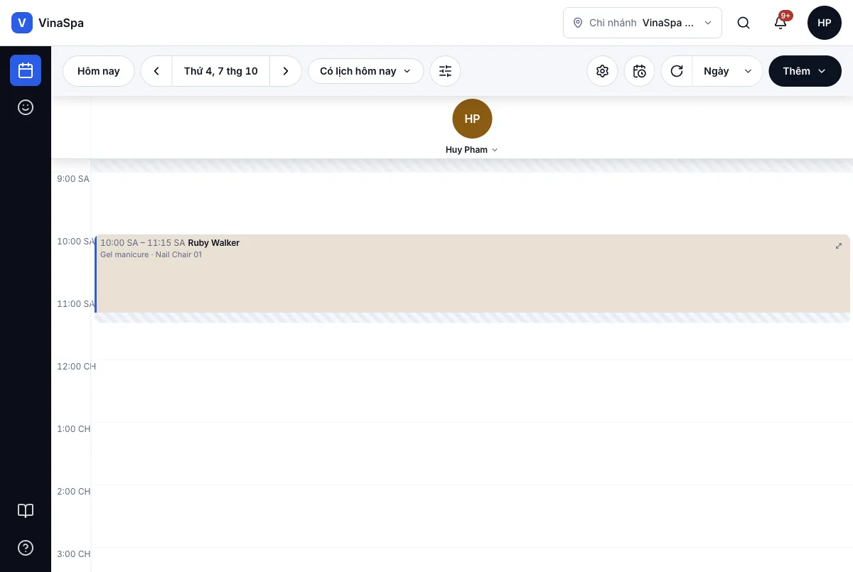 Thợ có login riêng, xem lịch của mình — Lịch riêng của Huy Pham (login thợ, tiệm thử thứ hai) — Máy tính