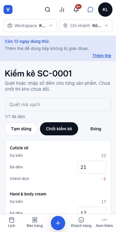 Kiểm kê định kỳ — SC-0001 — đã đếm 7/7, Cuticle oil −1 — Điện thoại