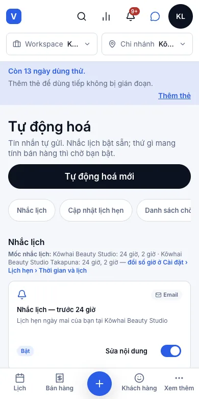 Hai lần nhắc lịch tự động (trước 24 giờ và 2 giờ) — Nhắc lịch — trước 24 giờ và 2 giờ, đều Bật — Điện thoại
