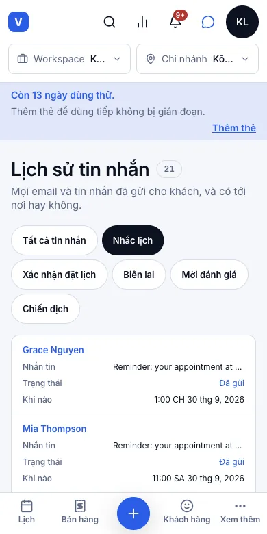 Hai lần nhắc lịch tự động (trước 24 giờ và 2 giờ) — Lịch sử tin nhắn → Nhắc lịch — hai thư nhắc của Mia, mỗi buổi một thư — Điện thoại