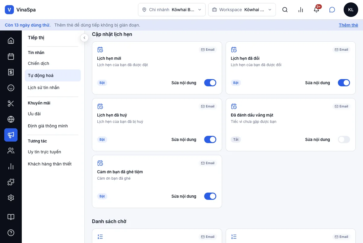 Email xác nhận ngay khi khách đặt online — Cập nhật lịch hẹn — Lịch hẹn mới và Cảm ơn bạn đã ghé tiệm đều bật — Máy tính