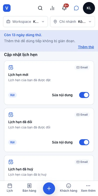 Email xác nhận ngay khi khách đặt online — Cập nhật lịch hẹn — Lịch hẹn mới và Cảm ơn bạn đã ghé tiệm đều bật — Điện thoại