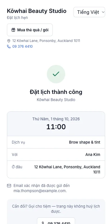 Trang đặt lịch riêng của tiệm — Kết quả — đặt xong, kèm số điện thoại tiệm để gọi — Điện thoại