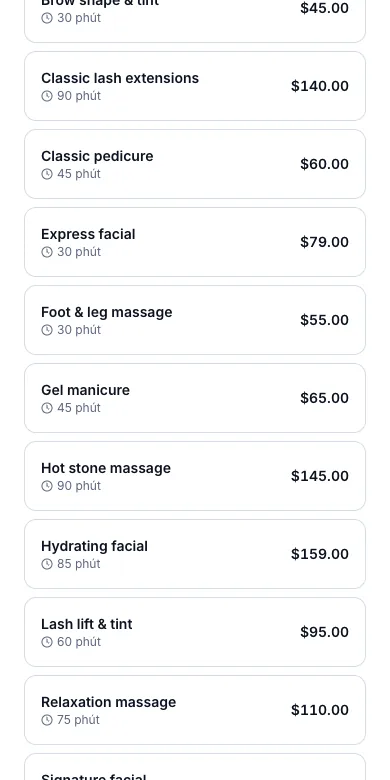 Chỉ hiện dịch vụ tiệm cho đặt online — Kết quả — bảng đi thẳng từ Gel manicure sang Hot stone massage — Điện thoại