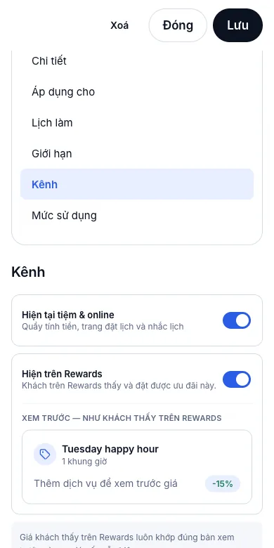 Đẩy ưu đãi và chỗ trống sang VinaRewards — Kênh — Hiện trên Rewards, kèm bản xem trước — Điện thoại