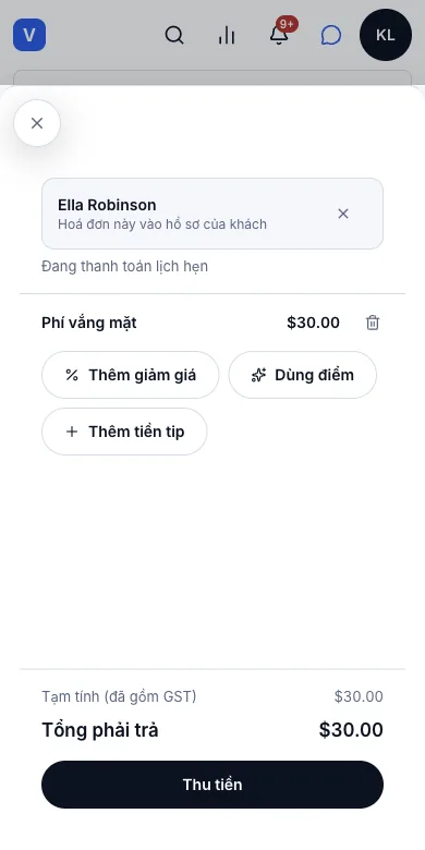 Phí huỷ muộn và phí vắng mặt — Kết quả — khoản phí $30.00 trong màn thu ngân — Điện thoại