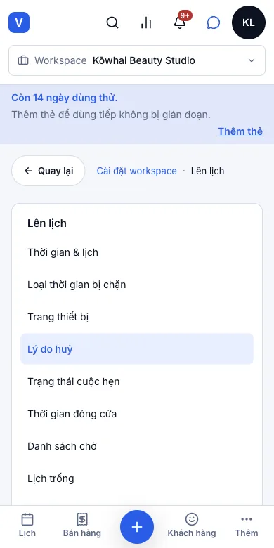 Phí huỷ muộn và phí vắng mặt — Vắng mặt $30, huỷ muộn $20 — Điện thoại