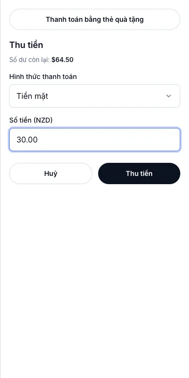 Bán tại quầy, chia nhiều hình thức thanh toán — Thu tiền — phải trả $64.50 — Điện thoại