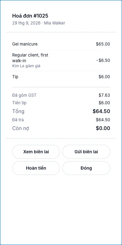 Bán tại quầy, chia nhiều hình thức thanh toán — Kết quả — hoá đơn #1025, đã trả $64.50, còn nợ $0.00 — Điện thoại