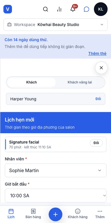 Đặt, đổi giờ và huỷ lịch hẹn — Form Lịch hẹn mới ở bước 6 — Điện thoại