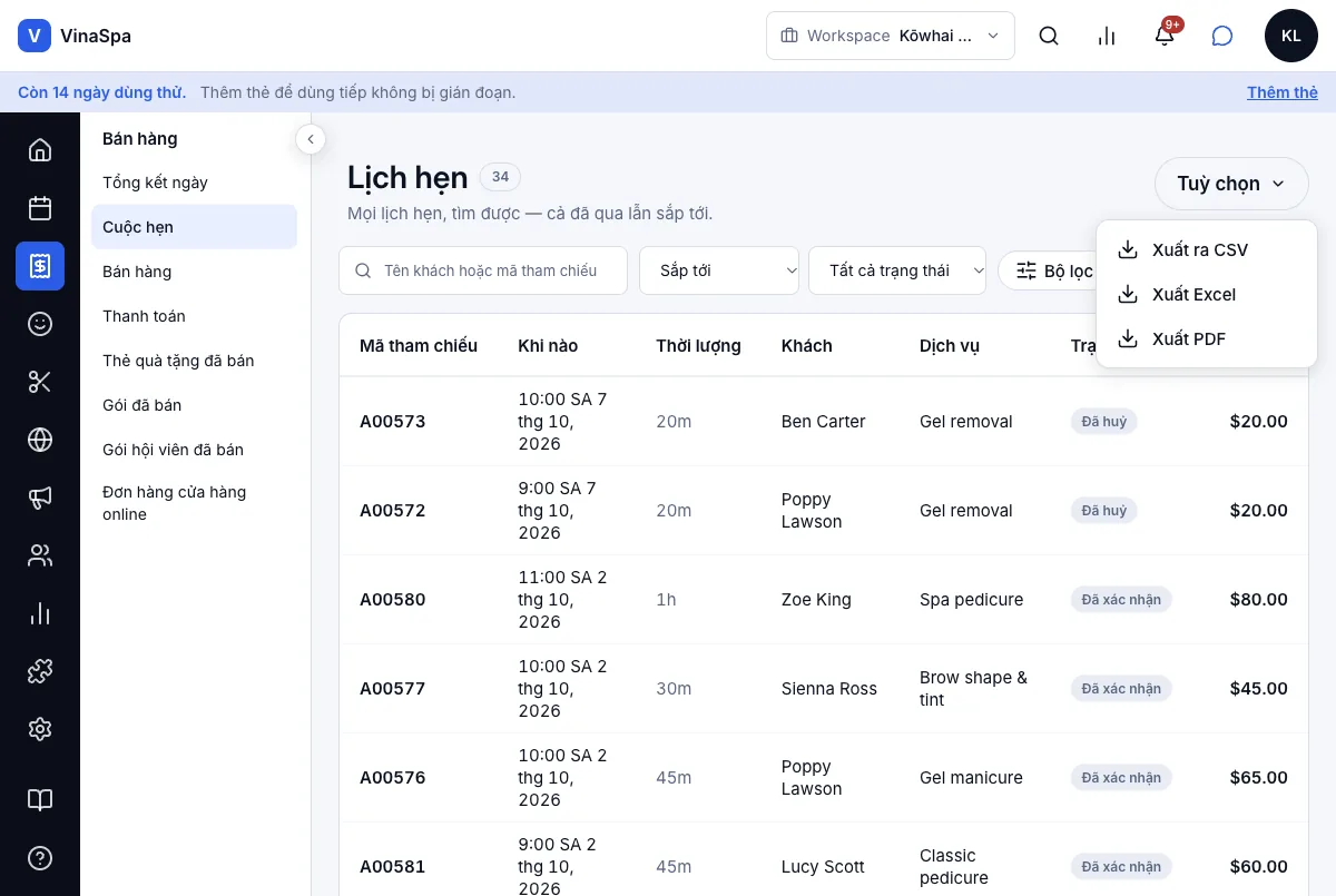 Xuất danh sách lịch hẹn ra CSV — Tuỳ chọn — Xuất ra CSV, Excel hoặc PDF — Máy tính
