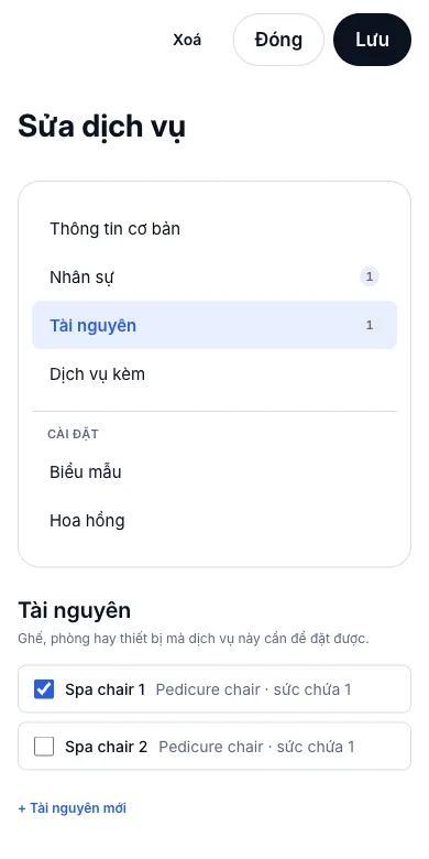Ghế, phòng, thiết bị không bị đặt trùng — Bước 3 — mục Tài nguyên của dịch vụ — Điện thoại