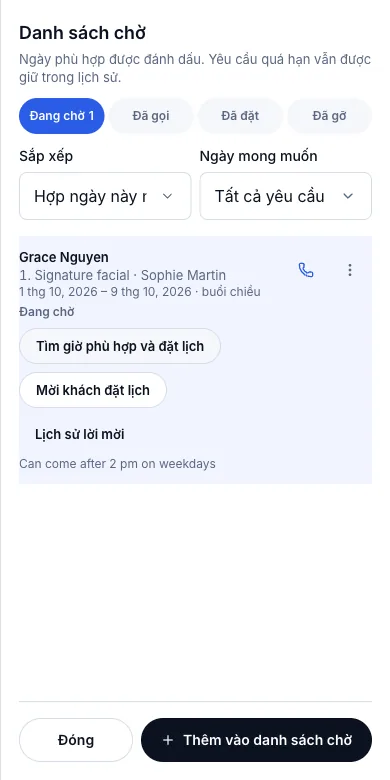 Danh sách chờ, có trạng thái đã gọi và đã đặt — Kết quả — Grace ở thẻ Đang chờ — Điện thoại