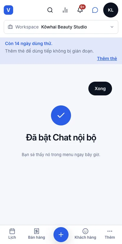 Bật/tắt từng module cho tiệm mình — Kết quả — Đã bật Chat nội bộ — Điện thoại